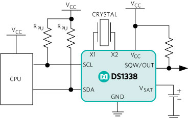 The few external components needed for a DS1338 RTC design