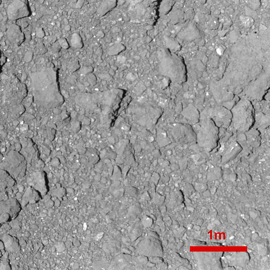 Asteroid Ryugu image taken with Hayabusa2's ONC-T (Optical Navigation Camera-Telescopic) on October 15 from 42 meters. The resolution is about 4.6mm per pixel - the highest resolution image that any spacecraft has taken of an asteroid.