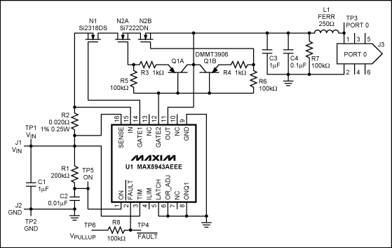  图1. 通过UL认证的Maxim单端口FireWire保护电路