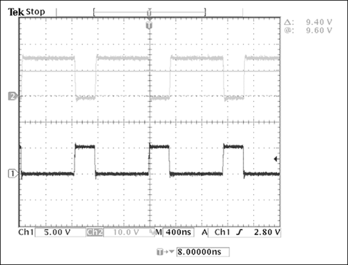 Figure 6. These detailed waveforms show the MOSFET gate driver as CH1, and the drain-source voltage as CH2.