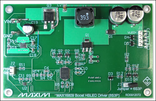 Figure 1. The driver board features the MAX16809.