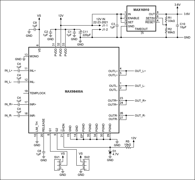 Figure 6. Stereo audio amplifier board schematic.