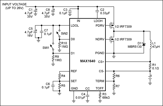 Figure 2. This switch-mode-charger, the MAX1640, exhibits high efficiency over a wide range of source voltage, battery voltage, and charging current.