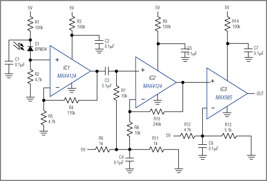 Figure 1. These two op amps and this comparator form a tiny photodiode receiver for data rates to 800kbps.