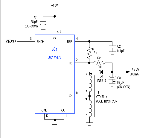 图1. 自耦变压器T1限制通过IC1的电压，允许在该反相DC-DC转换器中使用高效芯片(最大绝对电压为21V)。