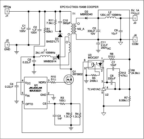 Figure 1. Based on the MAX5021 PWM controller, this flyback converter for telecom applications delivers 5W at 5V.
