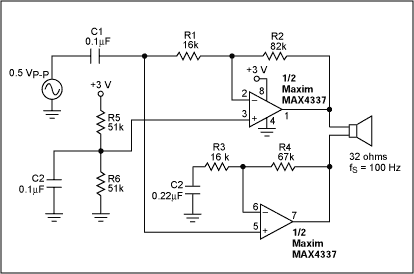 Figure 2. This circuit optimizes the Figure 1 configuration by apportioning gain between the two amplifiers.