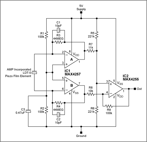 Figure 1. This amplifier is designed to extract the piezofilm sensor's thermal signal.