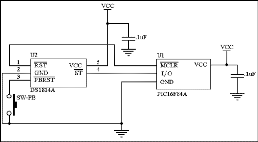 Figure 1. Application of the DS1814A connect to a PIC microprocessor.