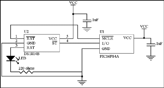 Figure 2. Applicationof the DS1814B connected to a PIC microprocessor.