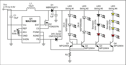 Figure 1. In this LED-drive circuit, a switching converter (U1) and associated components let you mix LED quantities and types.