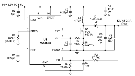 Figure 10. The MAX668 for current-mode-controlled boost circuit.