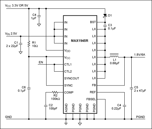 Figure 17. The MAX1945 is a 6A internal switch device with a reduced part count and small footprint to save board space.