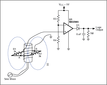Figure 3. This experimental setup demonstrates operation of the position sensor, which consists of a simple amplitude detector.