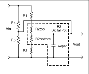 Figure 6. Using two resistors (R4 and R5) in parallel with the original circuit, to increase bandwidth 100 times over Figures 1 and 2.