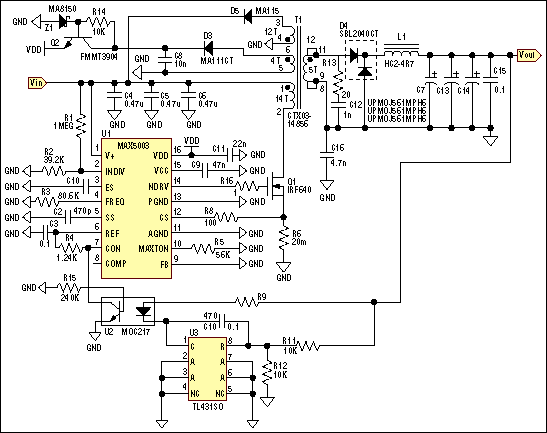 图1. 输入约为48V、输出为5V/10A的隔离电源原理图