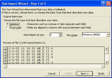 図4. Text Import Wizard (テキストファイルウィザード)は、次に進む前に、テキストデータが区切られたデータであることを指定するように求めます。