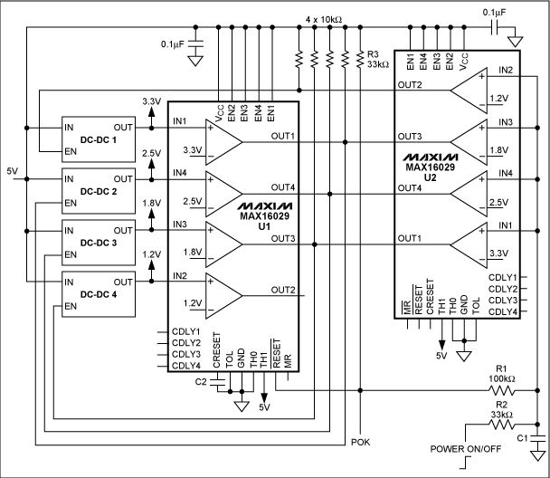 図1. 安価なICを使ったこの回路は、まず4つの電源電圧を指定された順序でパワーアップし、パワーダウン時には逆の順序になります。