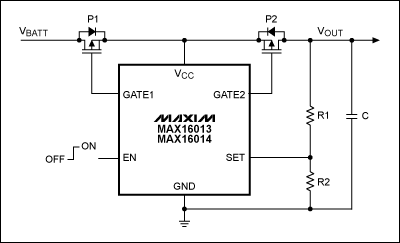 Figure 8. The MAX16013 and MAX16014 provide active transient protection by monitoring the input voltages on the supply rail. When they detect a fault, they isolate the load from the fault by controlling two external p-channel FET pass switches.