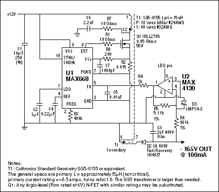 This circuit  uses the MAX668 and a transformer (which will need about a one-to-six turns ratio) to make a flyback converter. The op amp inverts the feedback from the negative output voltage. 