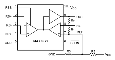 Figure 2. Connecting a resistor-divider to the REF pin of an indirect current-feedback amplifier (such as MAX9922–MAX9923) does not degrade its CMRR.