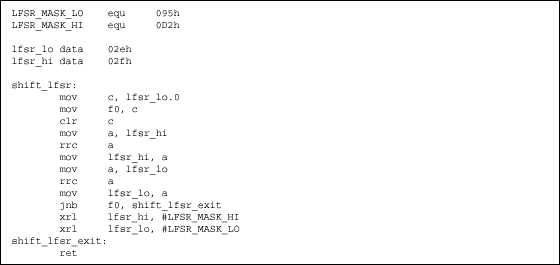 Figure 3. 8051 assembly code to implement a 16-bit LFSR with mask 0D295h.