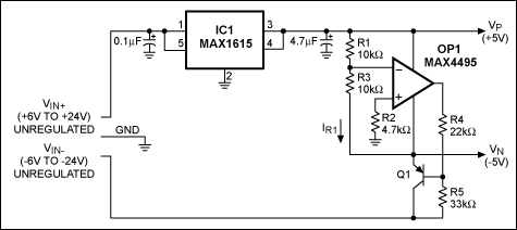 Figure 1. This circuit derives a regulated ± voltage from ± unregulated input voltages.