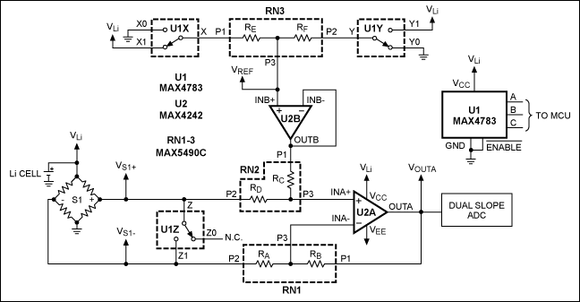 Figure 2. This circuit (depicted in Figure 1) produces offset and span readings, to be stored and used for on-the-fly calibrations of a dual-slope ADC.