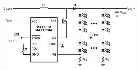 Figure 1. This schematic illustrates the application of a typical LED-backlight driver.