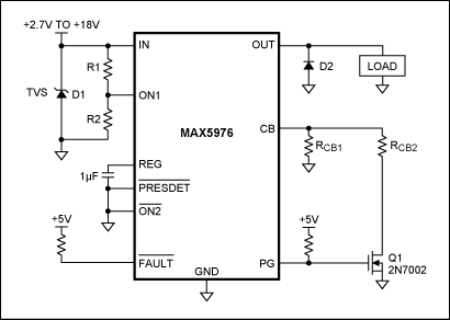 Figure 1. PG output controls an external transistor to reduce the overcurrent limit after startup.