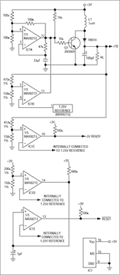Figure 1. This IC and related components boost the 3V supply to 5V, issue '5V ready' signals, and issue µP-reset signals.