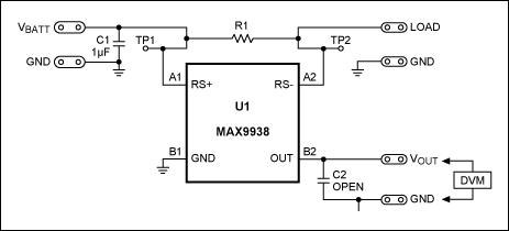 图4. MAX9938EV标准分流器为50mΩ、4端电阻(R1)。利用6个100mΩ电阻并联R1，得到12.5mΩ检流电阻。
