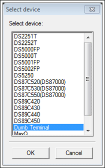 Figure 23. Selecting the Dumb Terminal option from the initial Select device dialog box in MTK2.