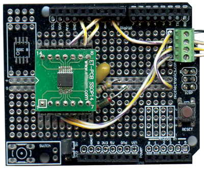 The MAX5715 DAC on the Arduino prototype shield.