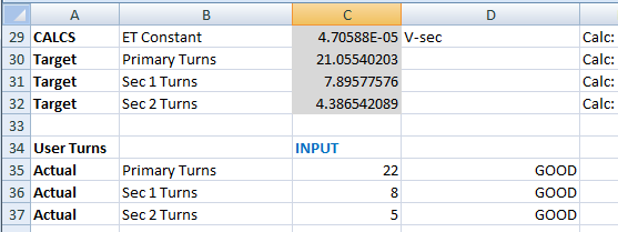 Figure 14. User turns section of the MAX13256 transformer design spreadsheet.
