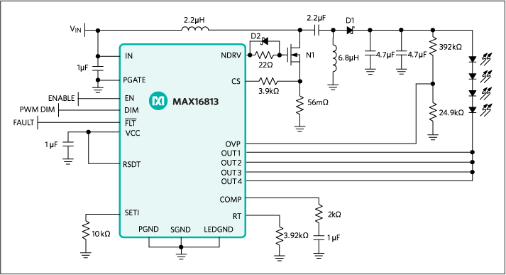 図1. HUDで使用するためのHB LEDドライバ(MAX16813)用の標準的なSEPICアプリケーション回路。このSEPIC構成は、LEDストリングの電圧が予想される最小および最大入力電圧の範囲内の場合に使用されます。