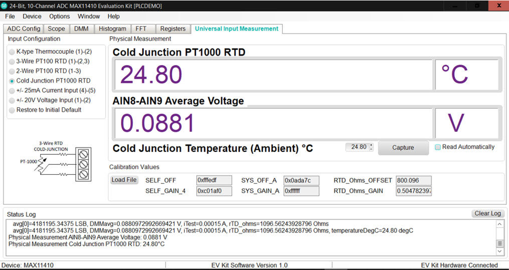 Cold junction temperature measurement using the MAX11410 ADC and PT1000 RTD