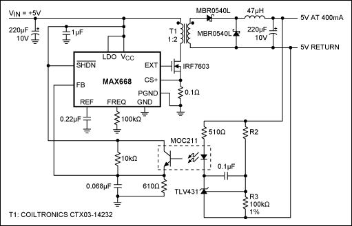 Figure 2. Circuit has an isolated 5V to 5V at 400mA power supply. The MAX668 step-up controller is featured.