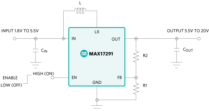 Application circuit of the MAX17291 boost converter