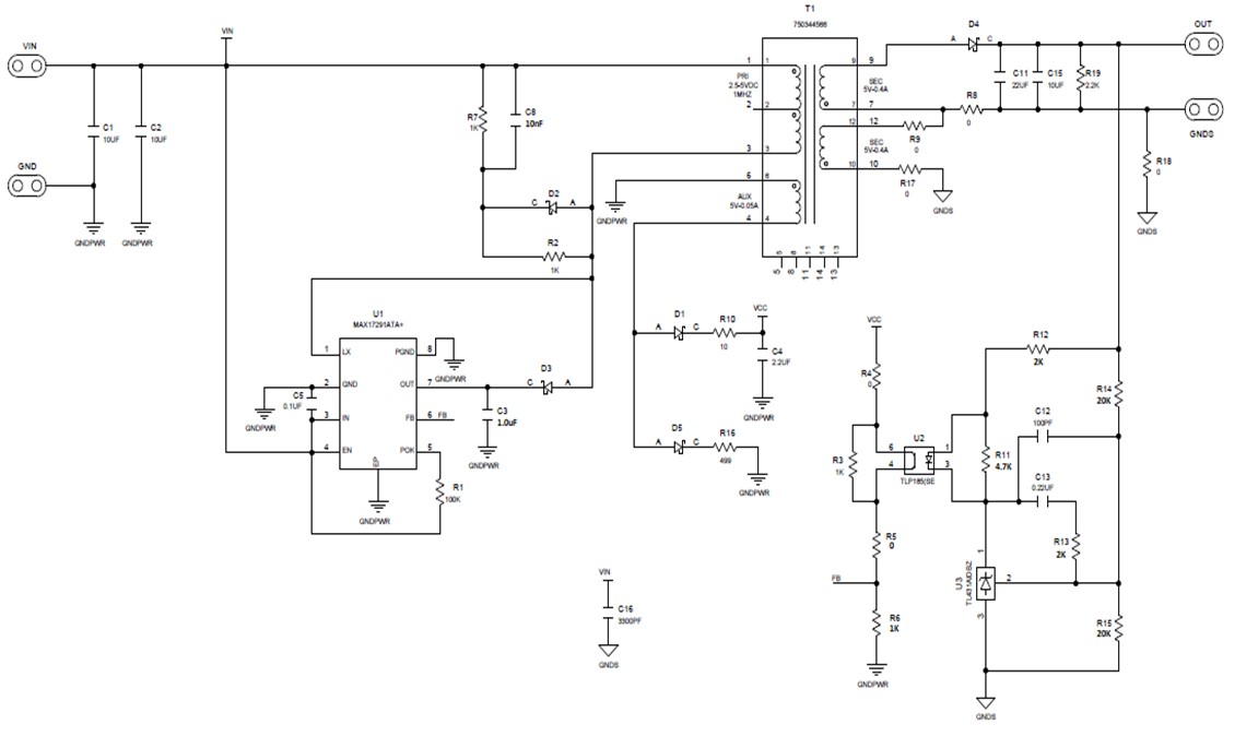 Flyback converter schematic using the MAX17291