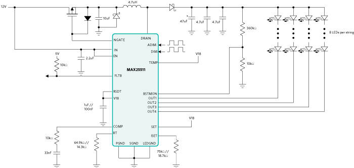 MAX25511 operating circuit for hybrid dimming testing (boost topology)