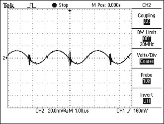 Figure 8. The noise on the output of a MAX1653EVKIT, using two 4.7µF ceramic capacitors. The measured peak-to-peak noise of 20mV agrees well with the calculated 18mV peak-to-peak.
